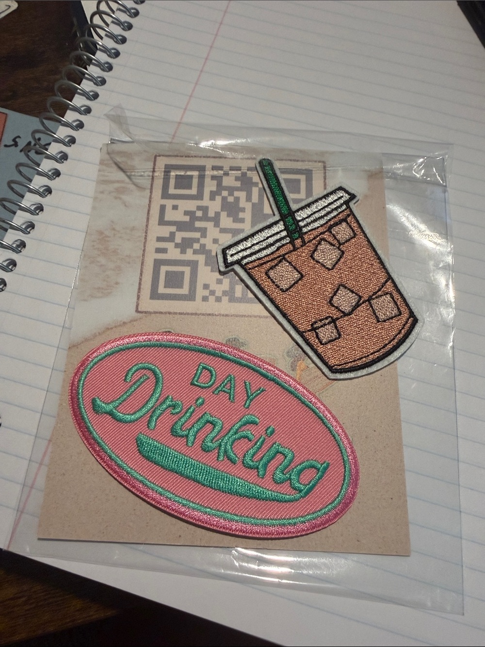 Embroidered 'Day Drinking' Patch & Iced Drink Patch - Pink & Brown, Unbranded
